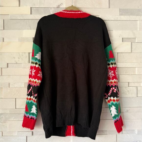 UGLY CHRISTMAS SWEATER NWT Applique Santa Tree CandyCanes Sequin Poms Cardigan S - Picture 2 of 3